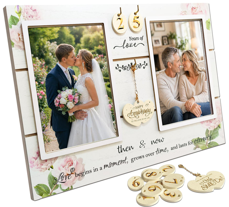 Aarkaj Then & Now frame with interlocking hearts highlights enduring love.