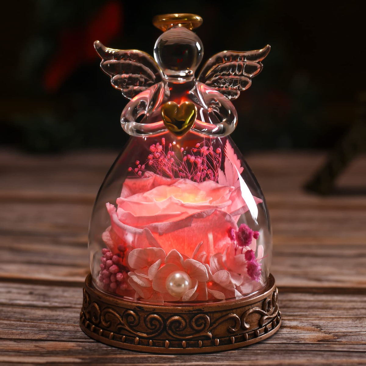 Aastin preserved rose in pink glass angel figurine, gift-ready.