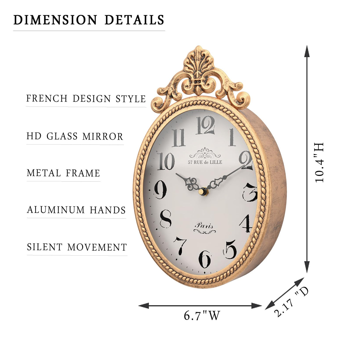Abdurey oval wall clock front view highlights antique gold finish.