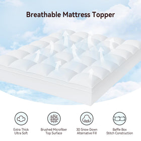 ABENE queen topper shows 3D snow down alternative fill for plush loft.