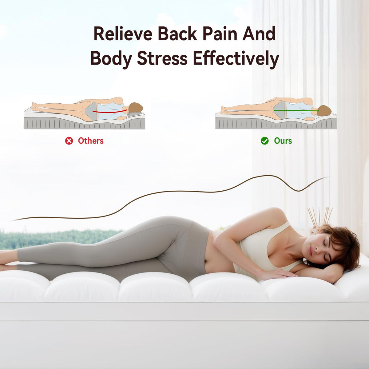 ABENE topper with deep pocket 360° wrap keeps mattress in place.