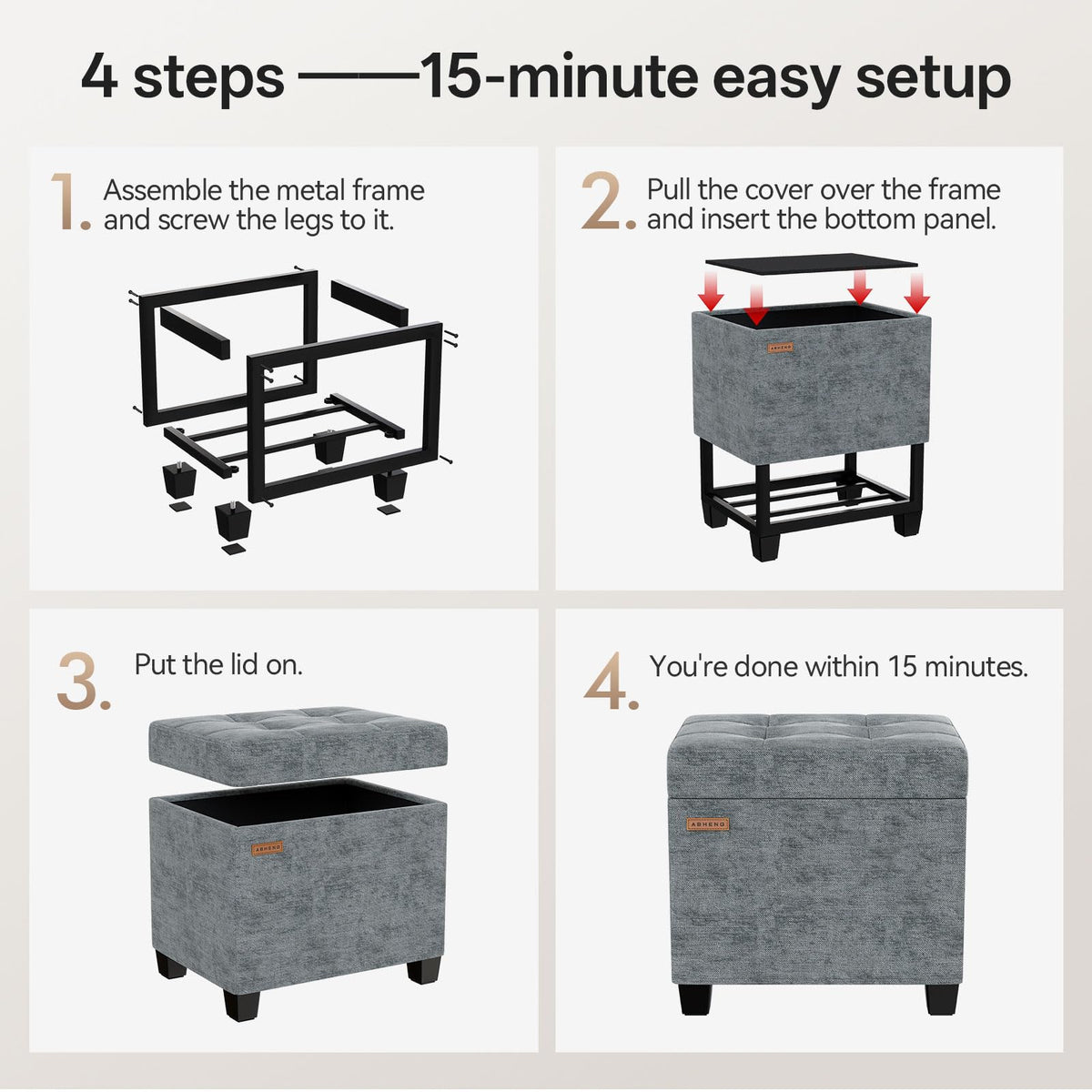 ABHENG Chenille storage ottoman gray legs and reinforced base design