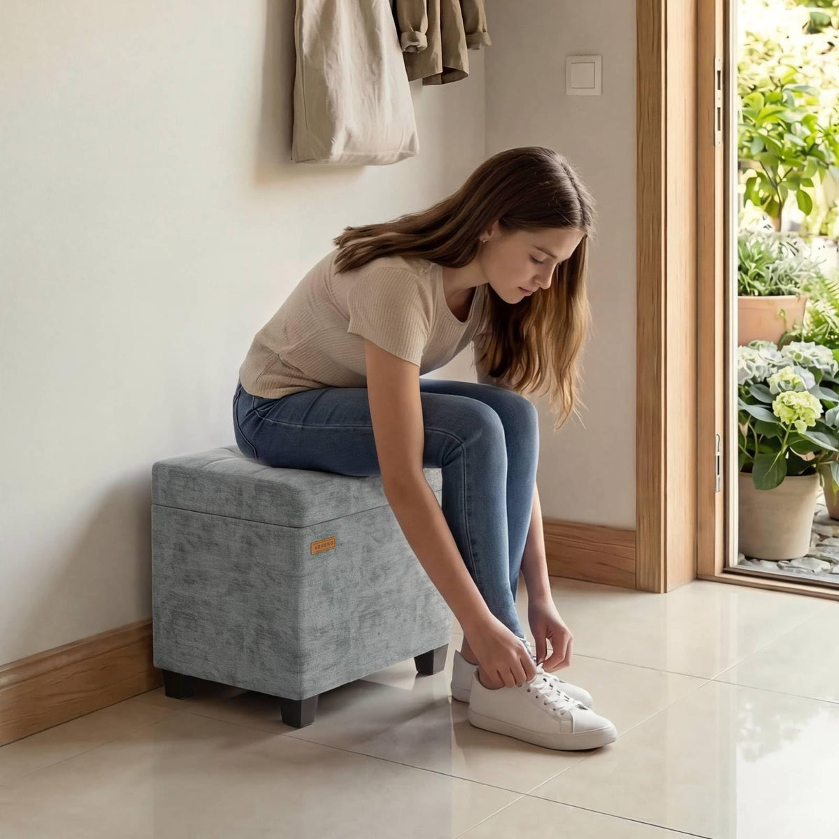 ABHENG Chenille storage ottoman gray room setup in living space