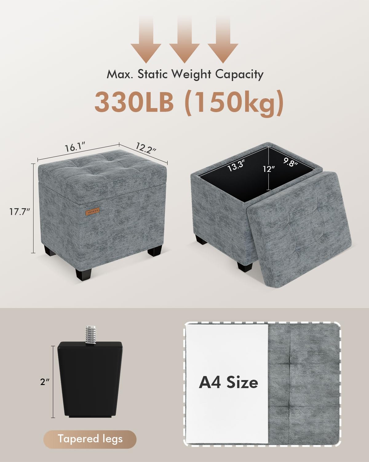 ABHENG Chenille storage ottoman gray seat close-up with breathable fabric