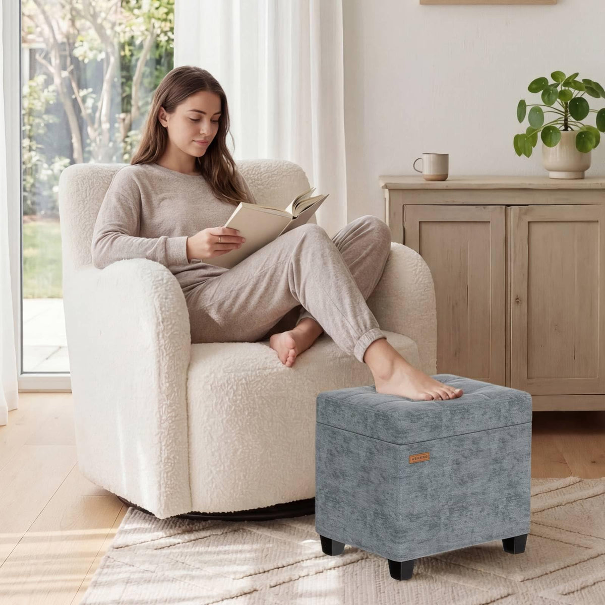 ABHENG Chenille storage ottoman gray interior storage space for blankets and books