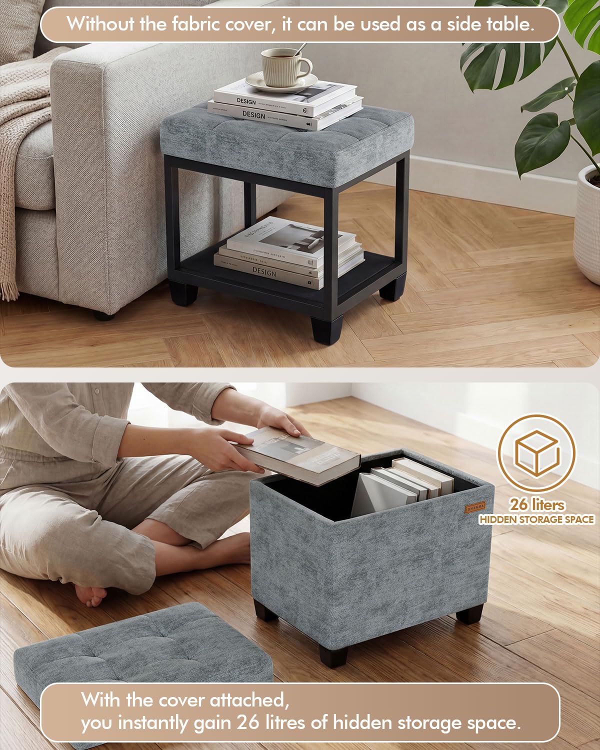 ABHENG Chenille storage ottoman gray used as a footrest beside sofa