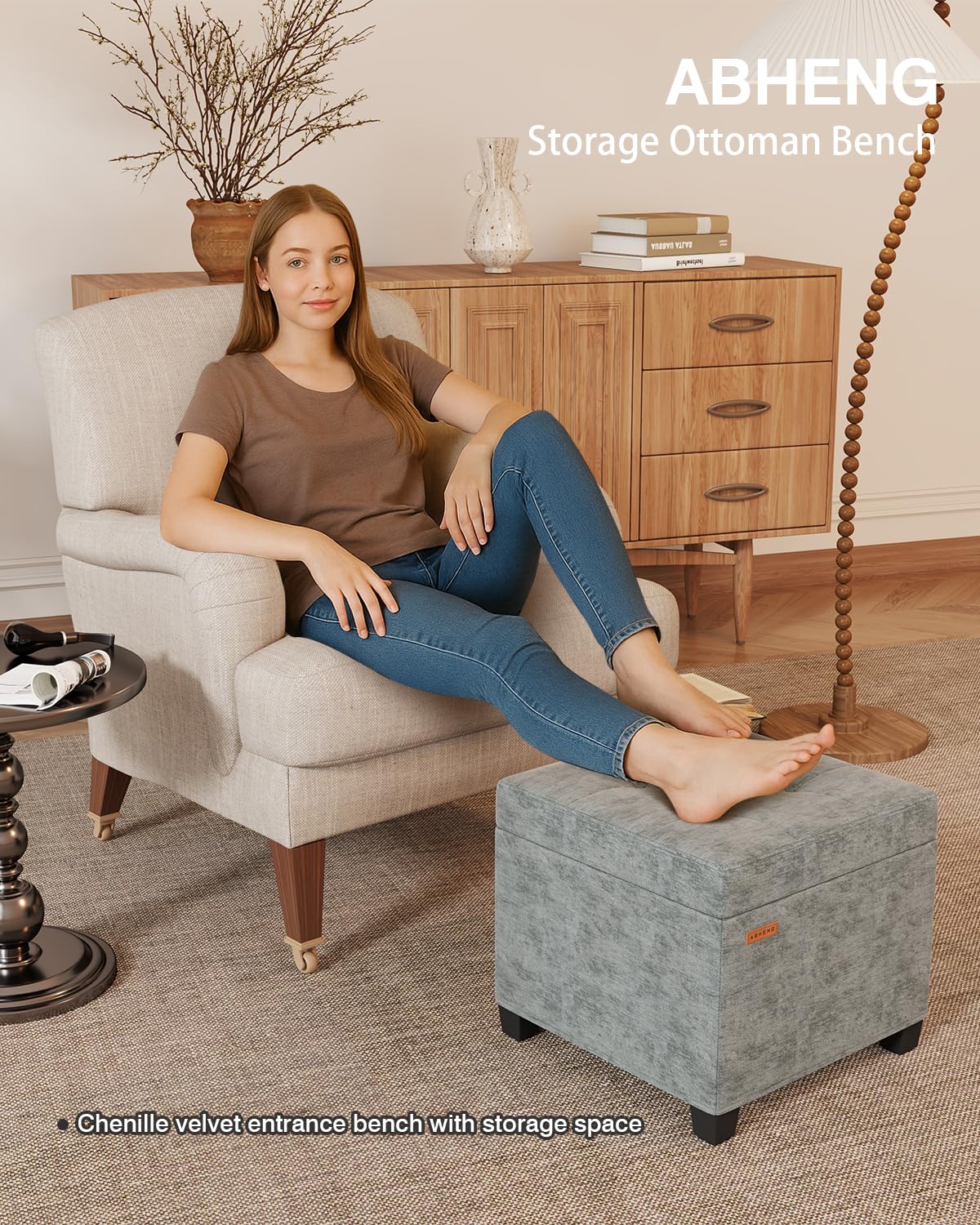 ABHENG square ottoman with plush chenille cushion for comfortable lounging