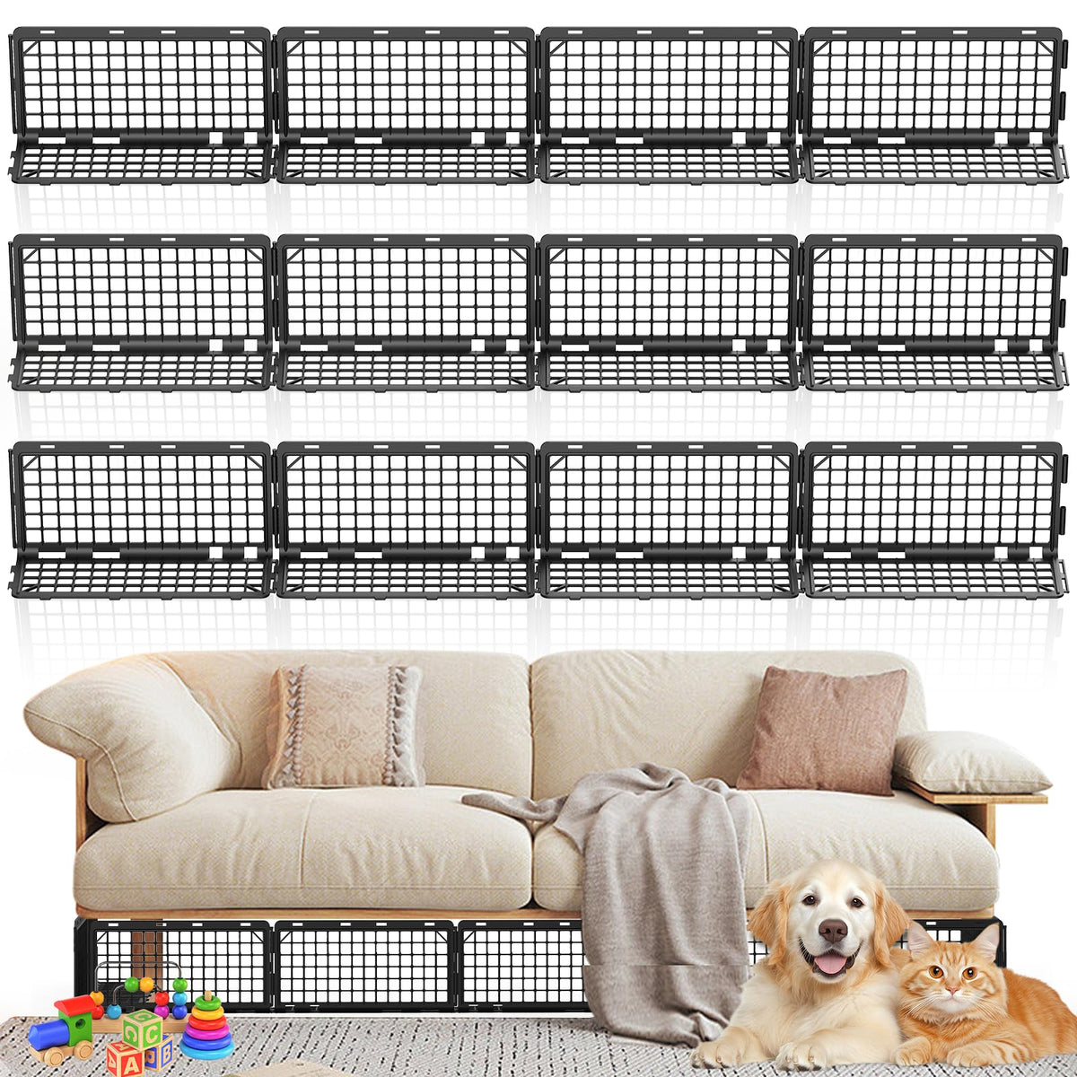 Abiglifty 12Pcs under-couch blocker panels prevent pets from entering under furniture.