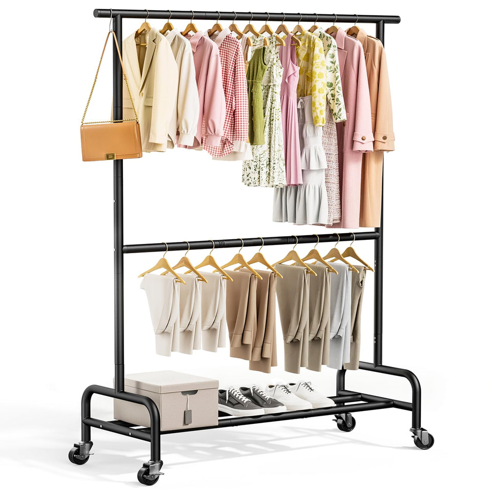 Abiglifty 2-tier rolling clothes rack front view for organized wardrobe storage