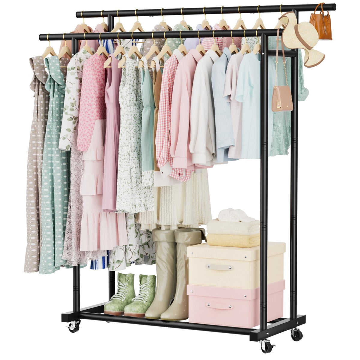 Abiglifty double rods clothes rack with wheels for easy mobility and storage.