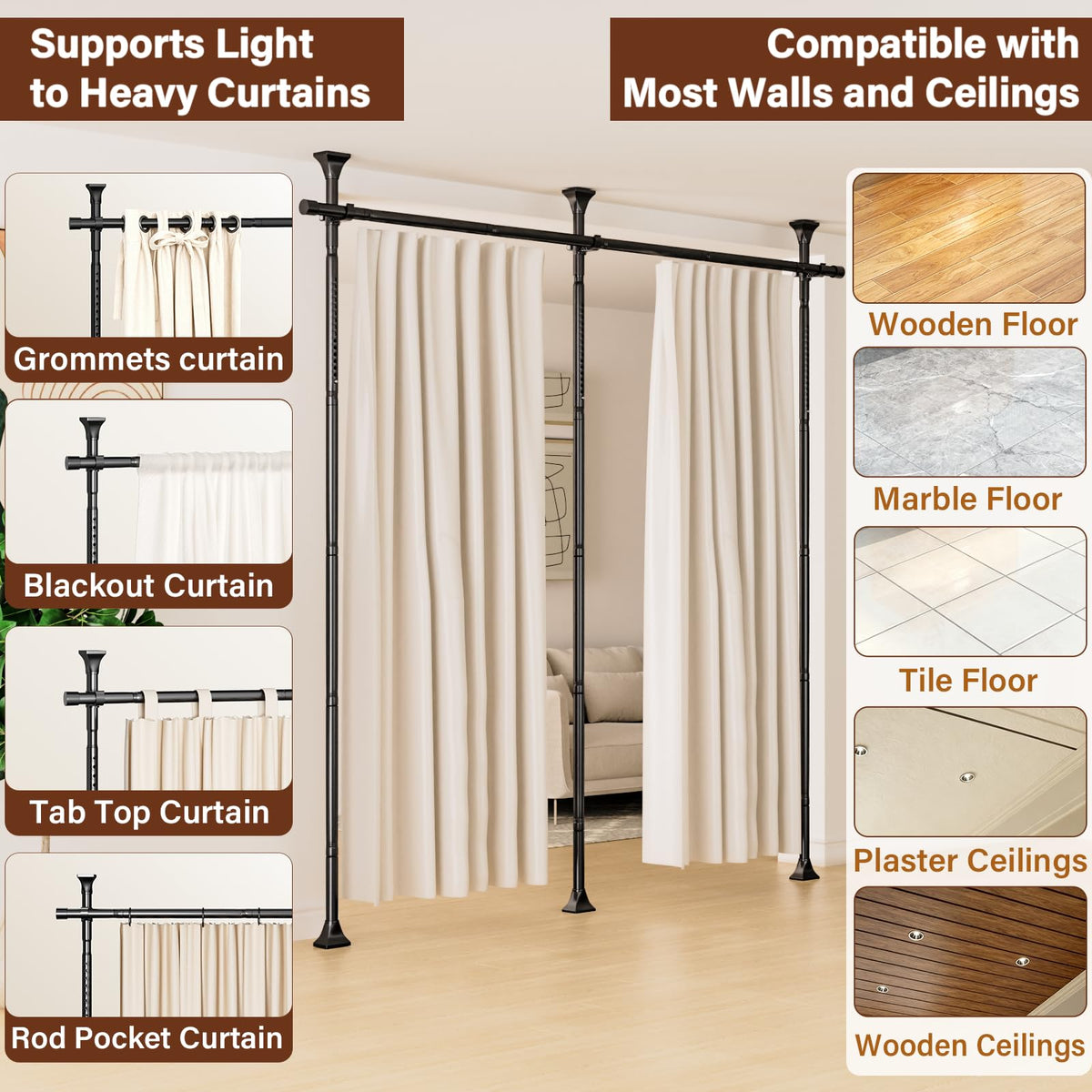 Abiglifty floor-to-ceiling tension rod fits multiple spaces without tools