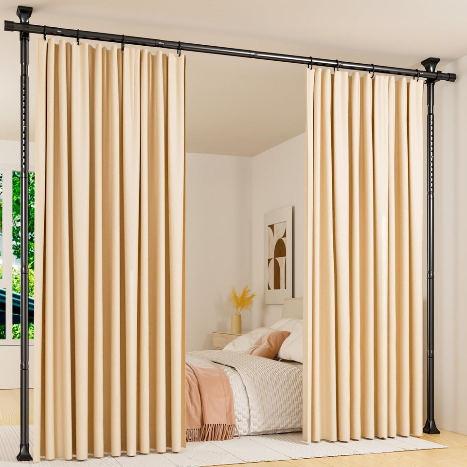 Abiglifty no-drill room divider rod enabling portable privacy without wall damage.