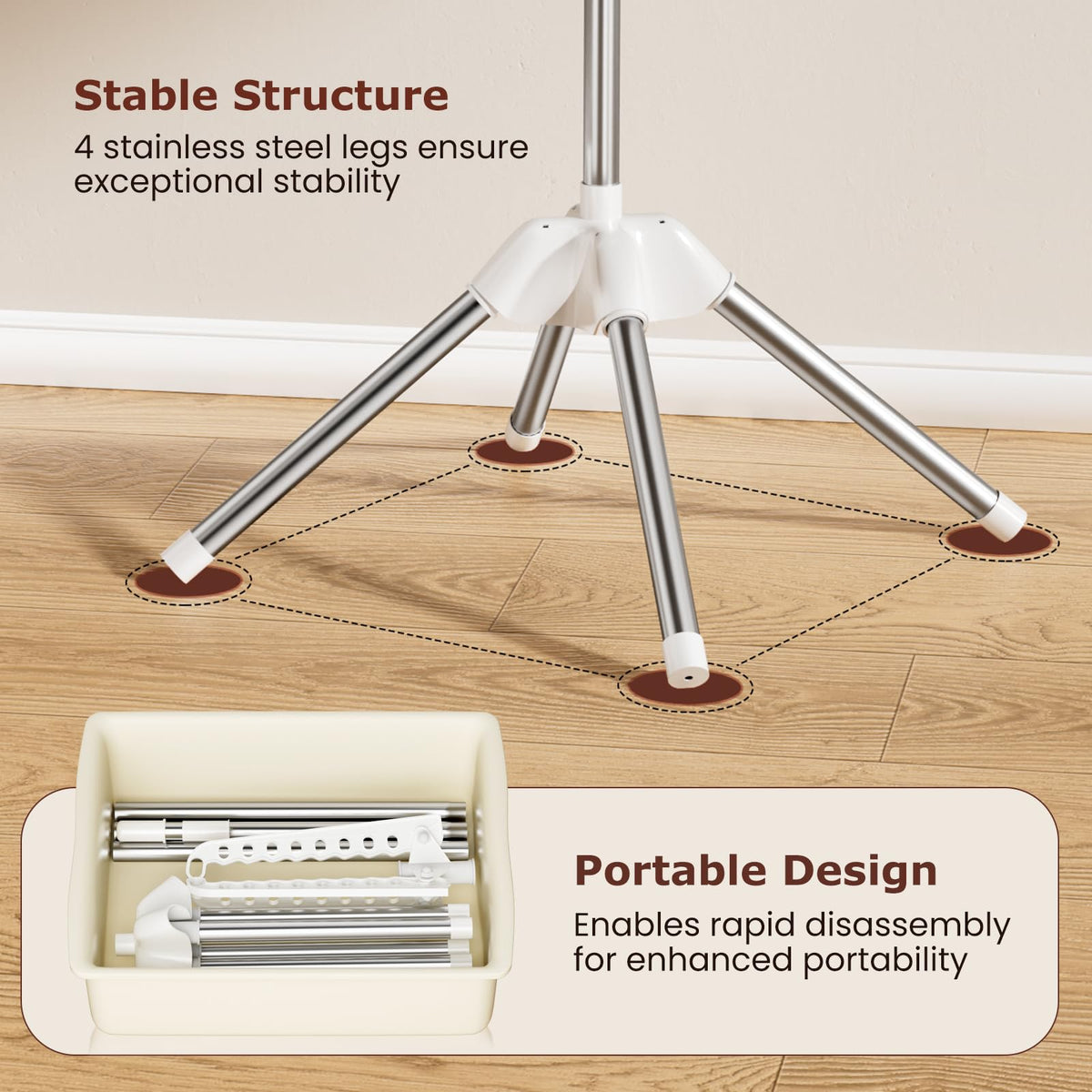 Abiglifty stable rack stands securely on tile or wood floors.