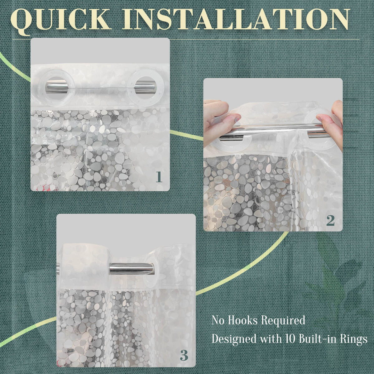 ABLUEN heavy-duty EVA curtain shows durable, odor-free material for daily showers.