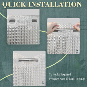 ABLUE No Hook curtain built-in rings enable fast on/off on standard shower rods.