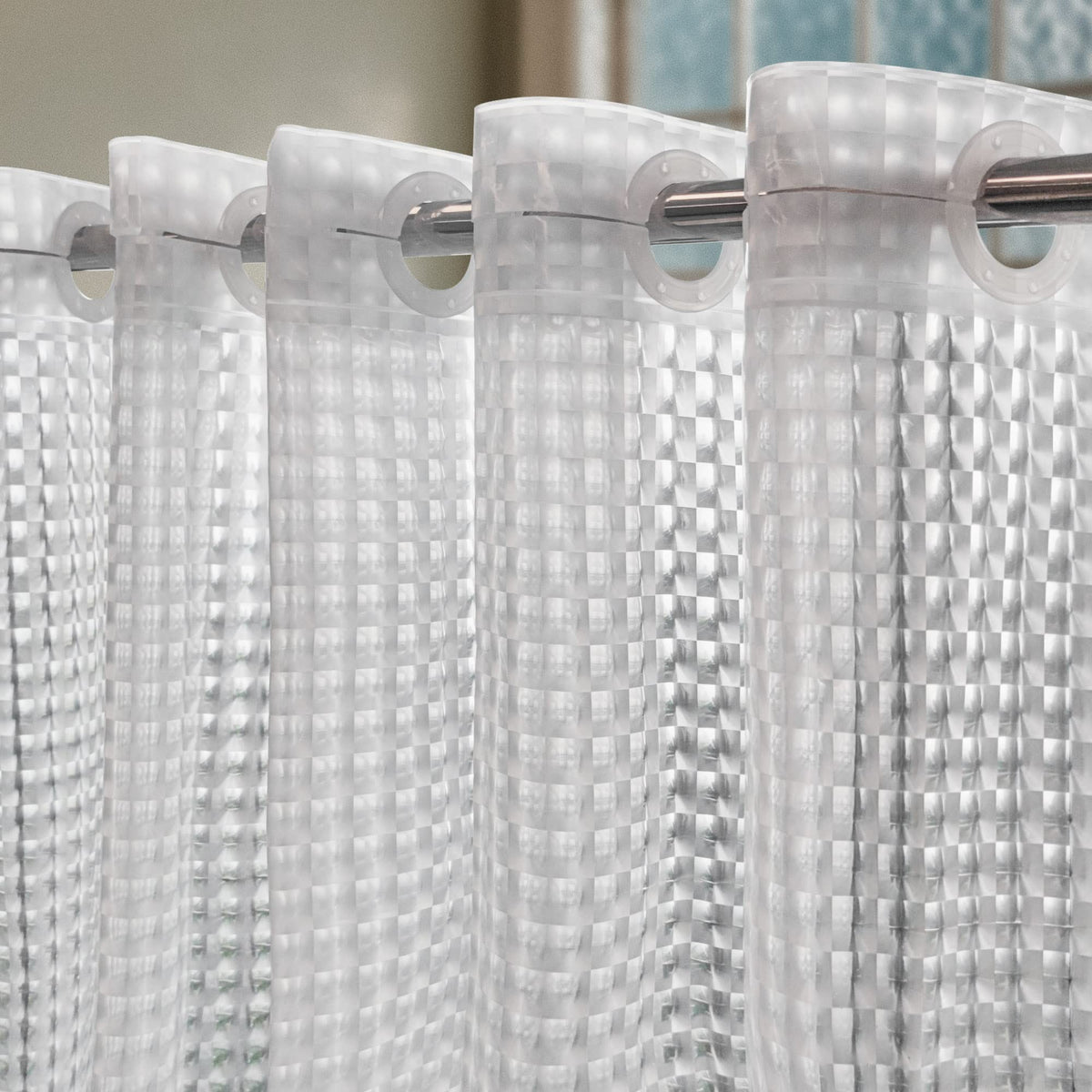 ABLUE No Hook curtain front view, 71x74, fits most showers with simple rod installation.