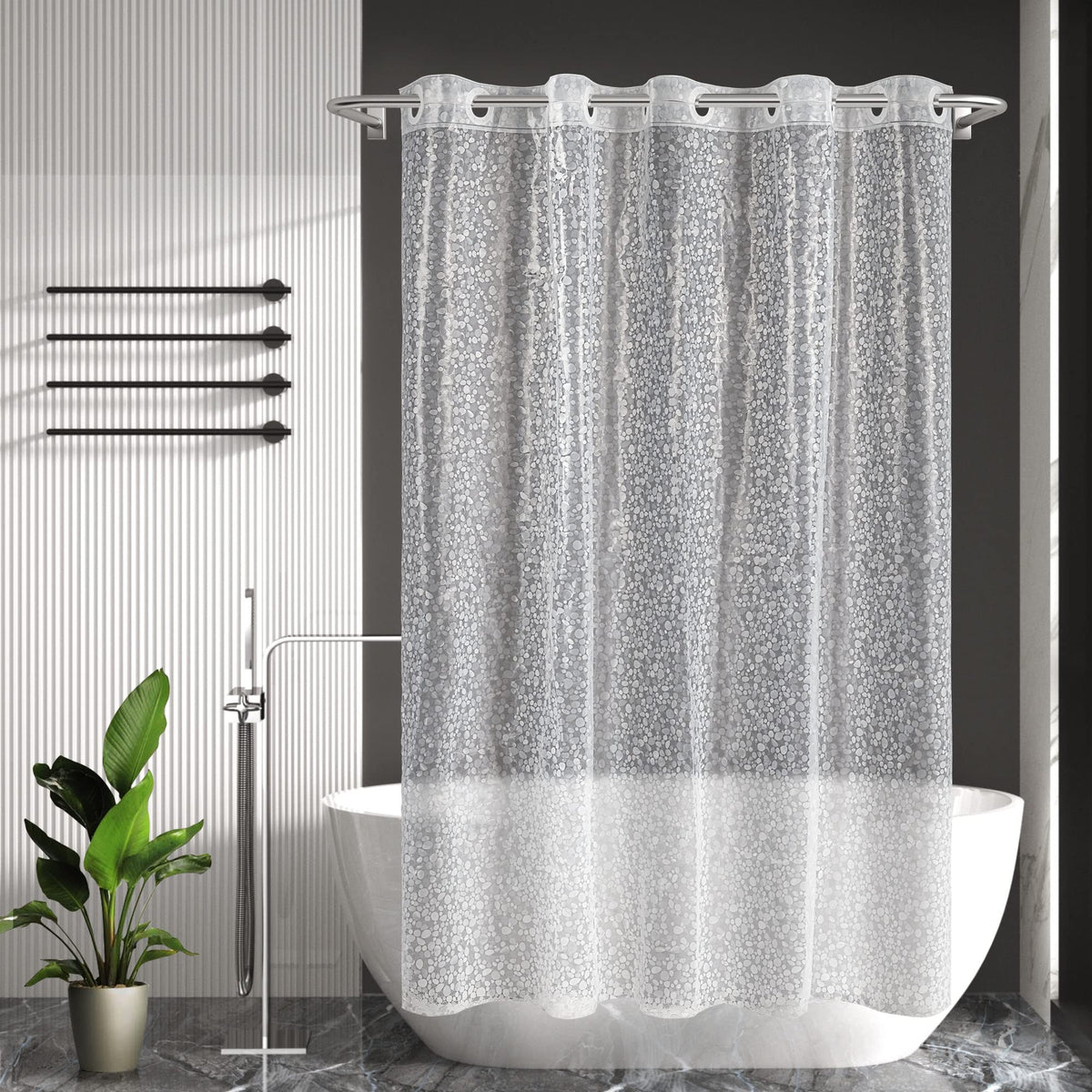 ABLUEN reinforced header and weight keep curtain in place during showers.