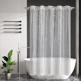 ABLUEN reinforced header and weight keep curtain in place during showers.