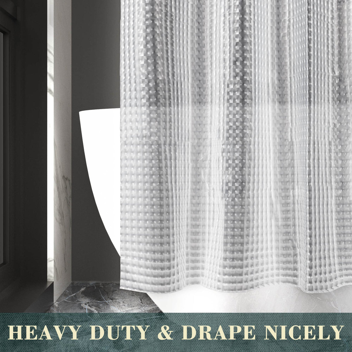 ABLUE curtain drapes neatly and fits standard 71x74 showers for a clean look.