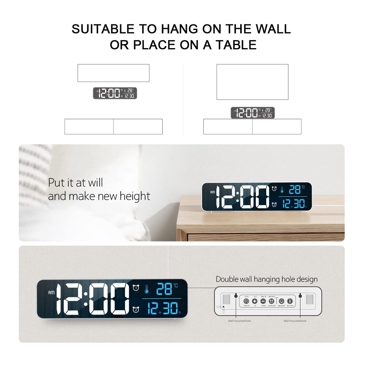 Abovsare clock provides time, date, and temperature at a glance.