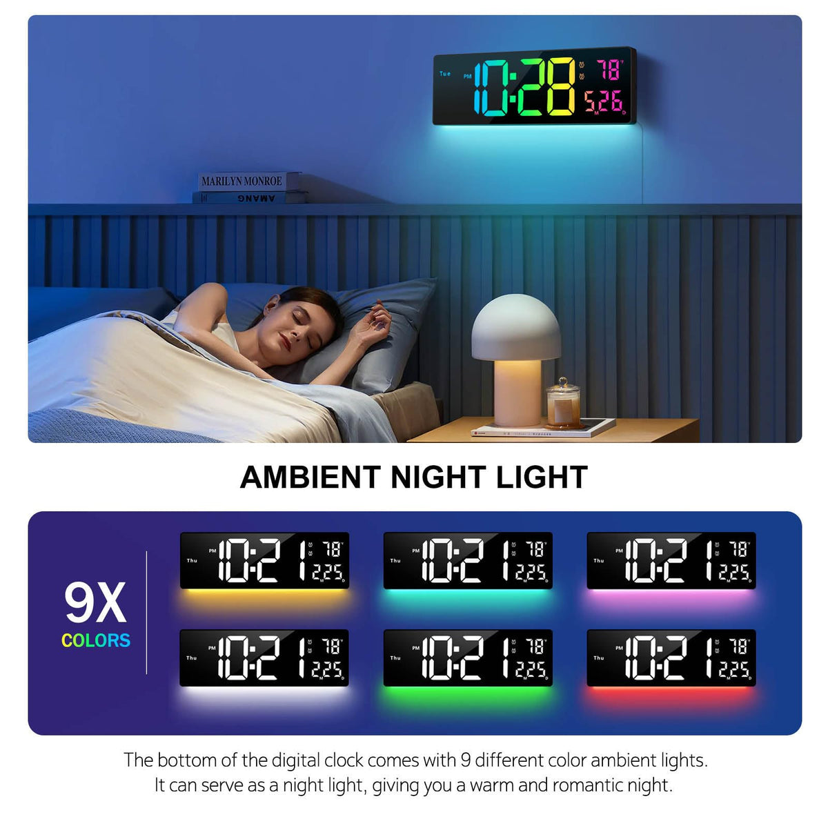Abovsare digital clock with ambient night light for cozy bedrooms.