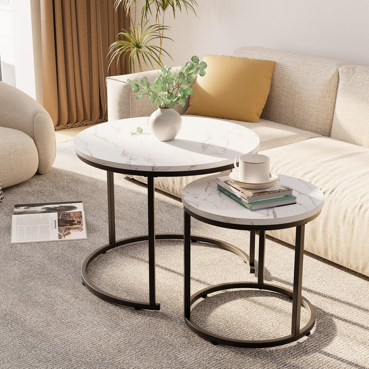 aboxoo round nesting coffee table full-view in living room shows stacked design.