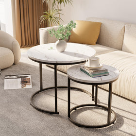 aboxoo round nesting coffee table full-view in living room shows stacked design.