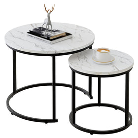 aboxoo round nesting coffee table with a large white faux-marble top for an elegant living room.