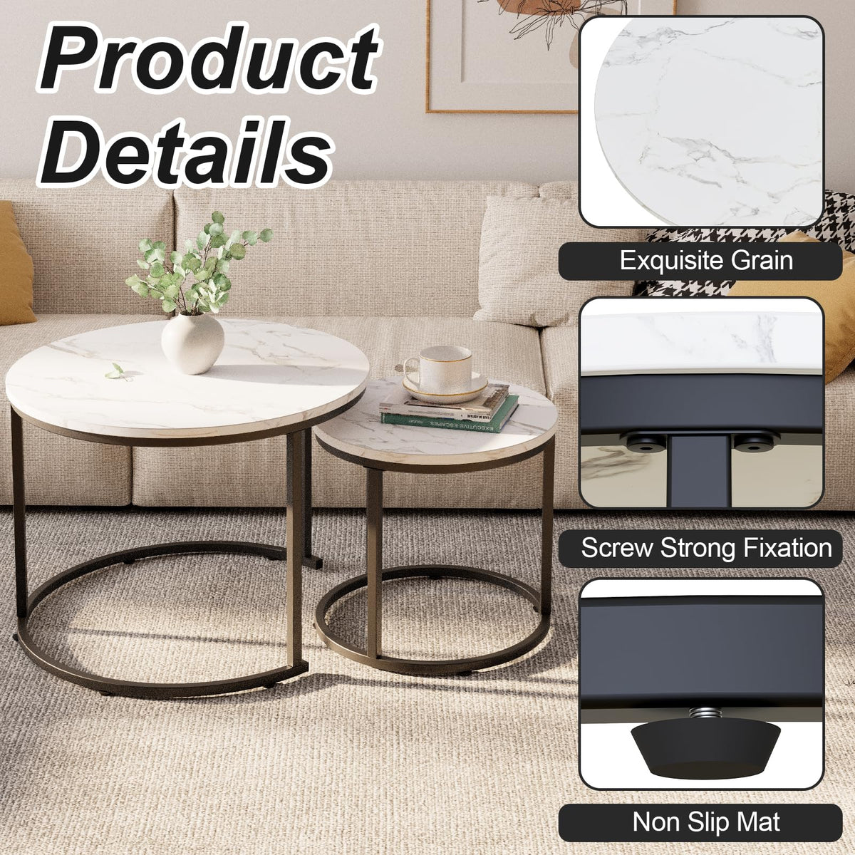 aboxoo round nesting coffee table living-room scene with white top black legs.