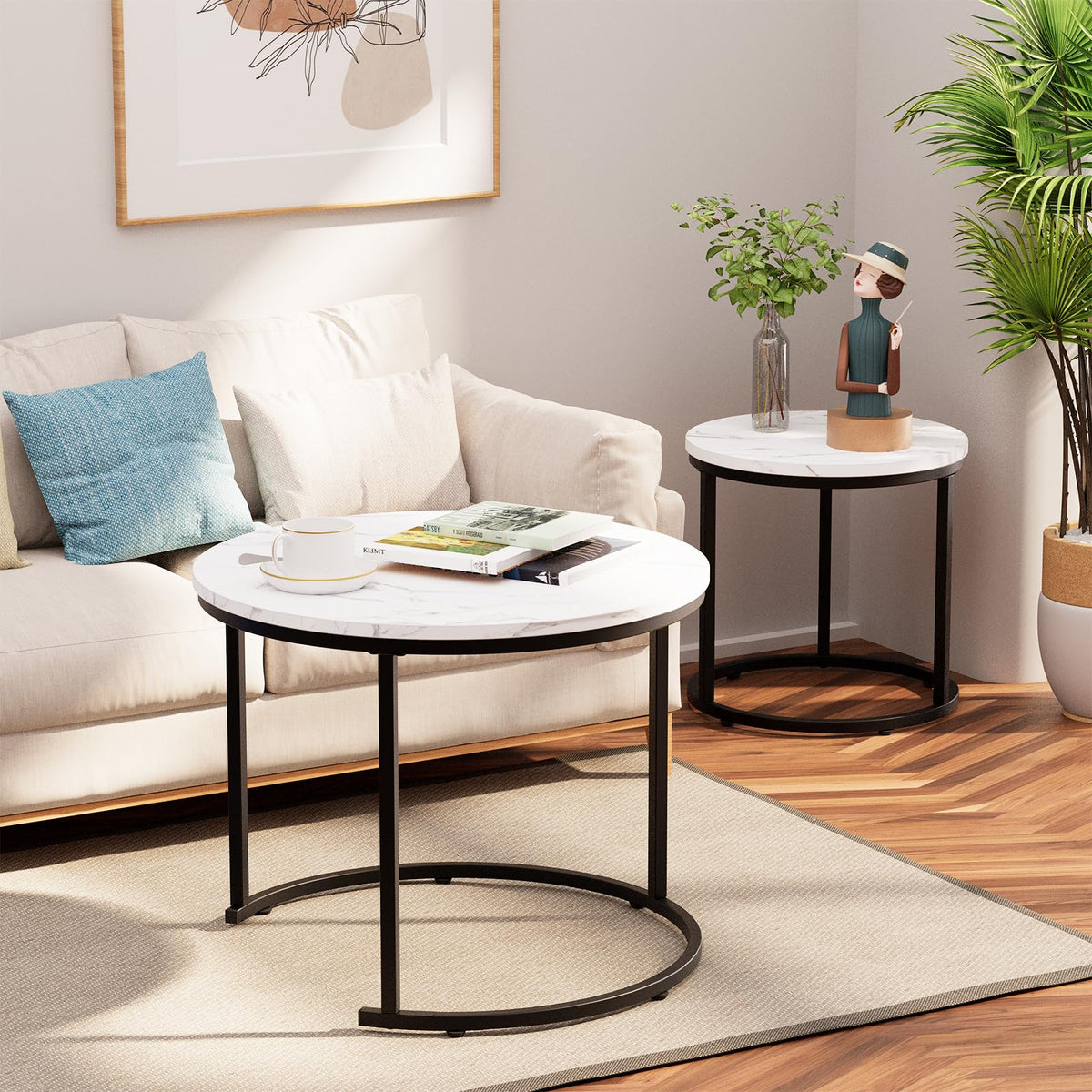 aboxoo round nesting coffee table office-setup with two heights.