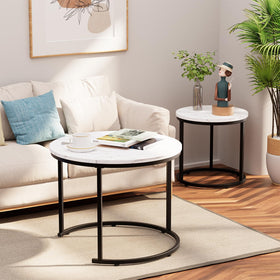 aboxoo round nesting coffee table office-setup with two heights.