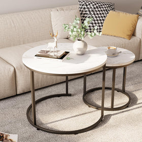 aboxoo round nesting coffee table with small top in white faux marble for compact spaces.