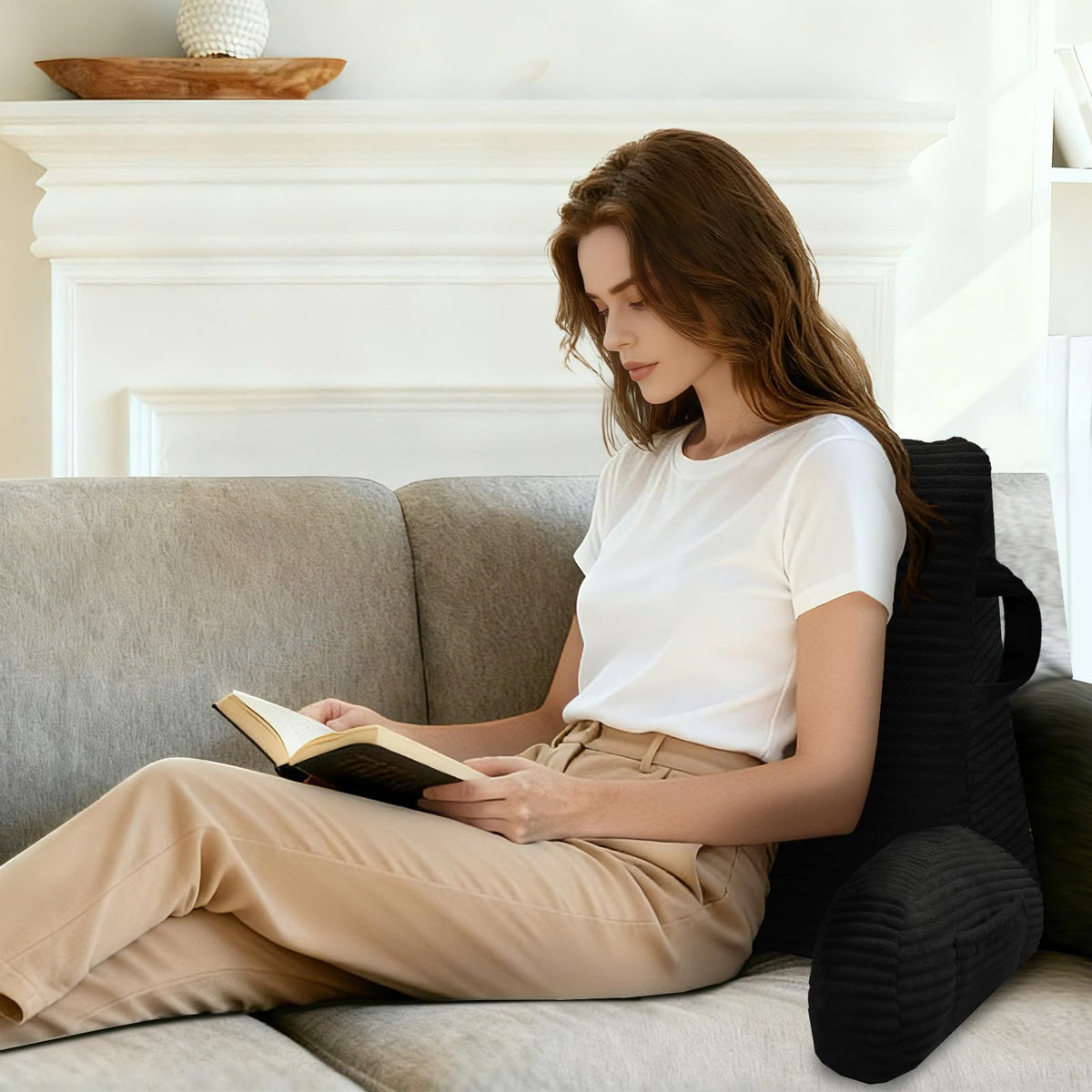 ABROLOY reading pillow with arm extensions cushions shoulders during long sessions
