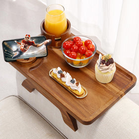 Acanacle couch armrest table with acacia wood and 360° rotation for drinks and devices