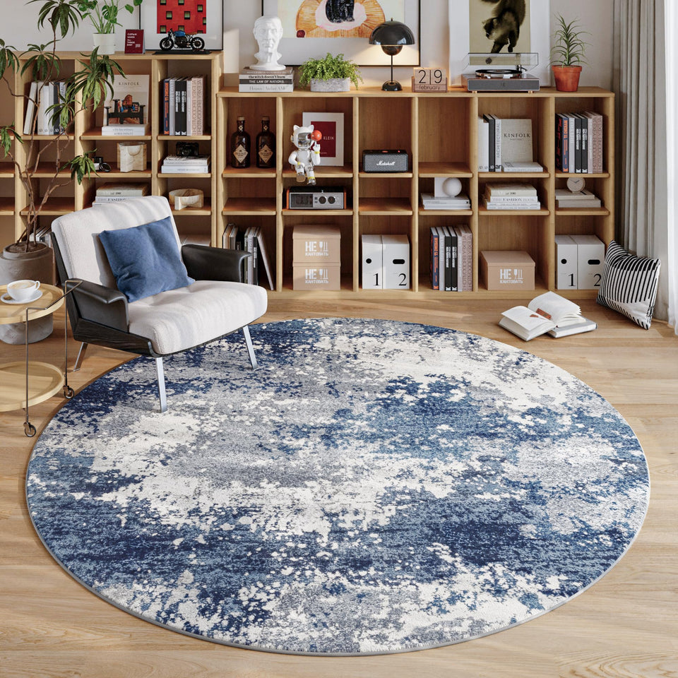 Acapet blue round rug close-up texture shows soft pile and stain resistance.