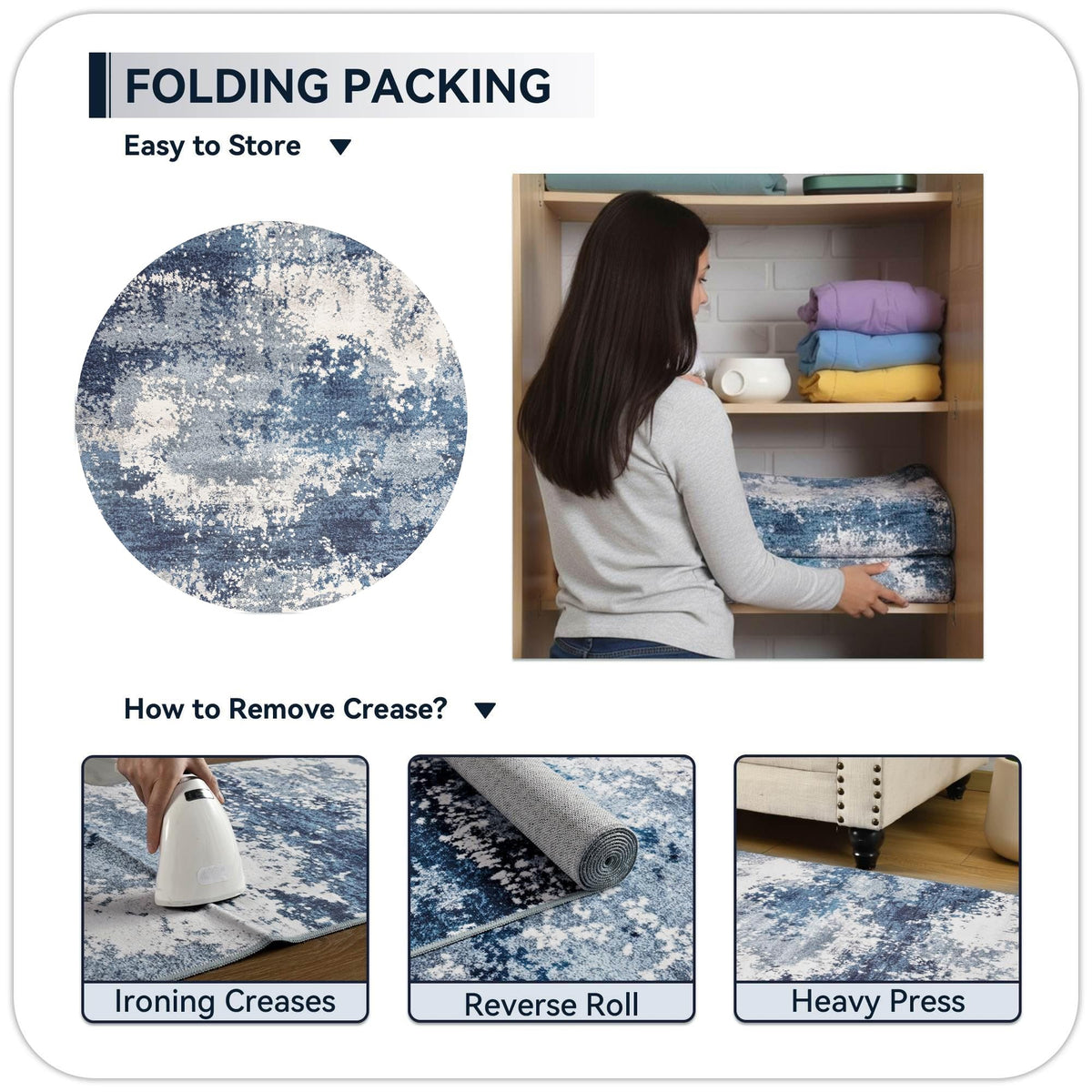 Acapet blue round rug care guide helps keep colors vibrant.