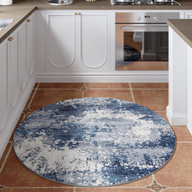 Acapet blue round rug living room setup adds comfort and modern style.