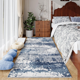 Acapet blue rug runner at entryway, non-slip backing for safety.