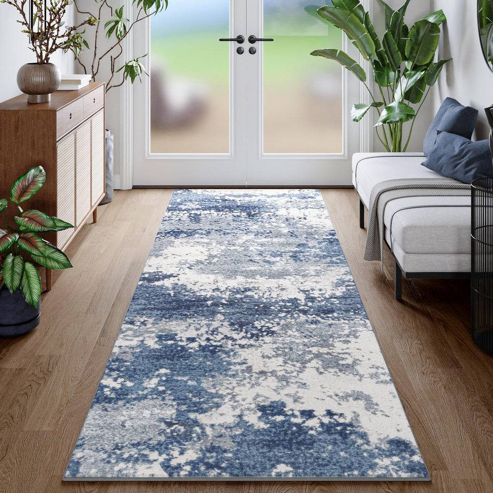 Acapet blue rug runner in hallway, soft underfoot and stain-resistant.