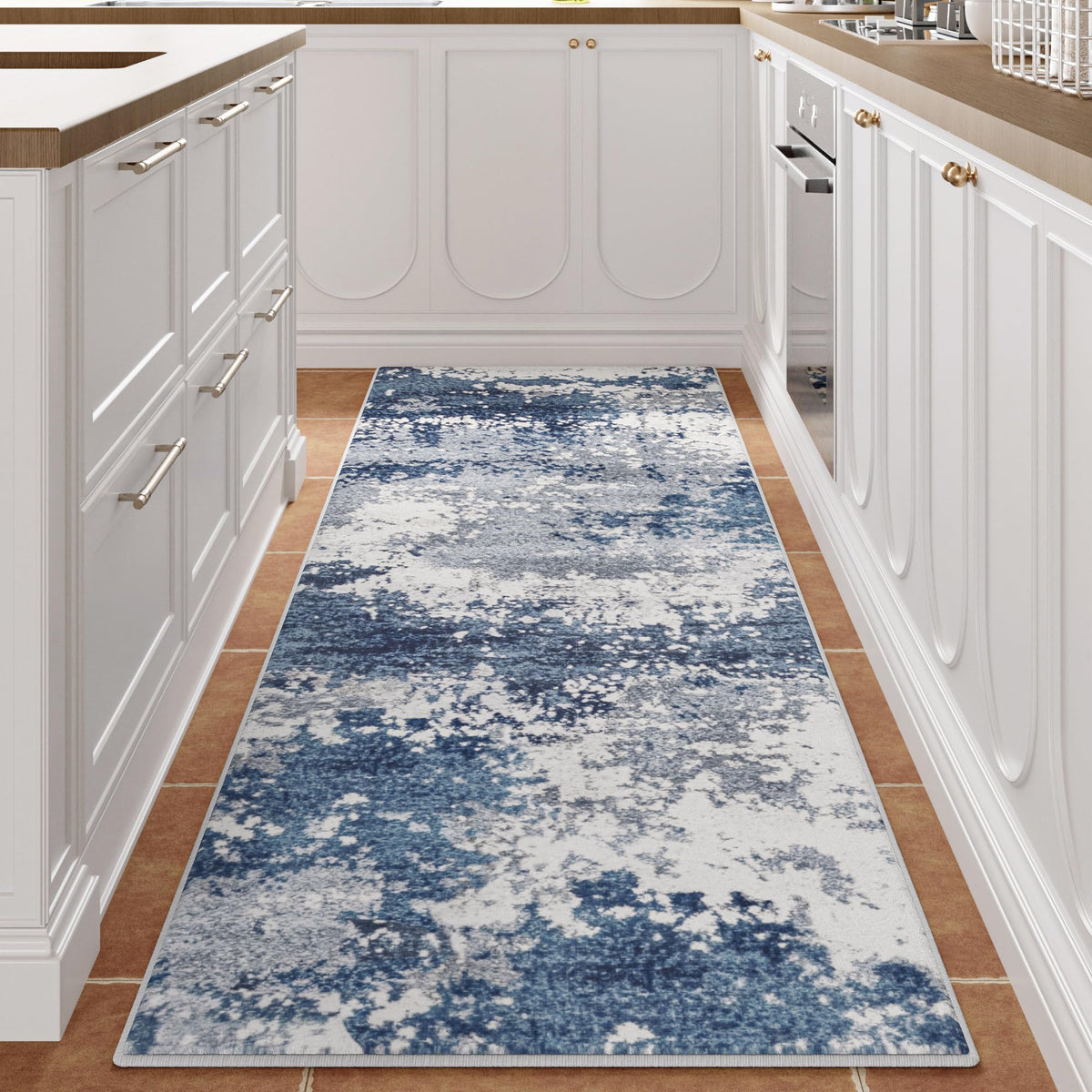 Acapet blue rug runner in kitchen, low-pile design for easy movement.