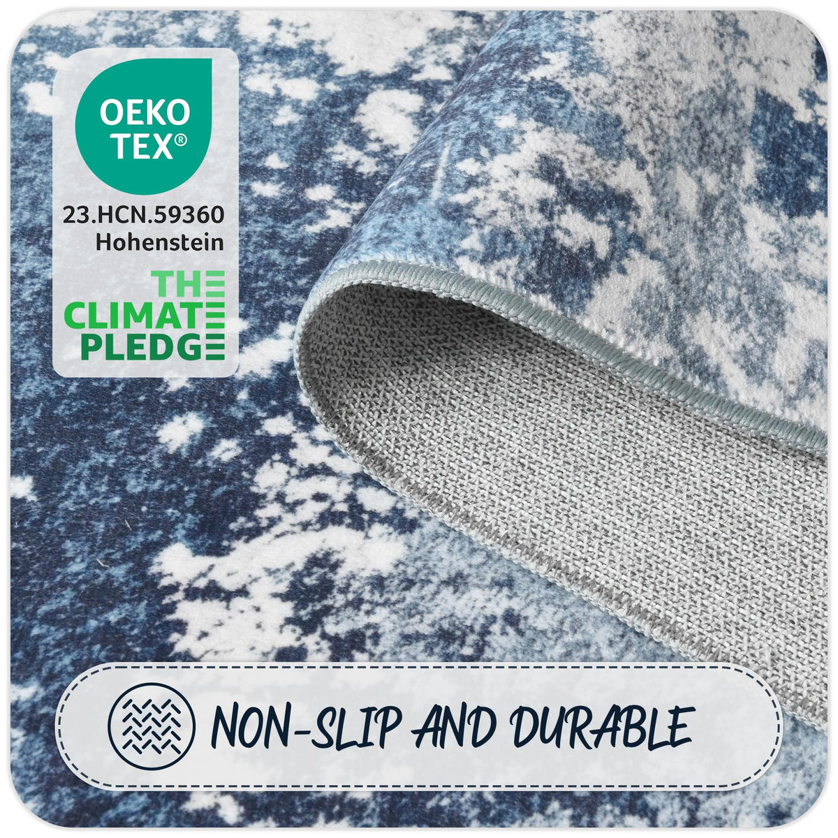 Acapet blue rug runner close-up, textured TPR backing grips floors.