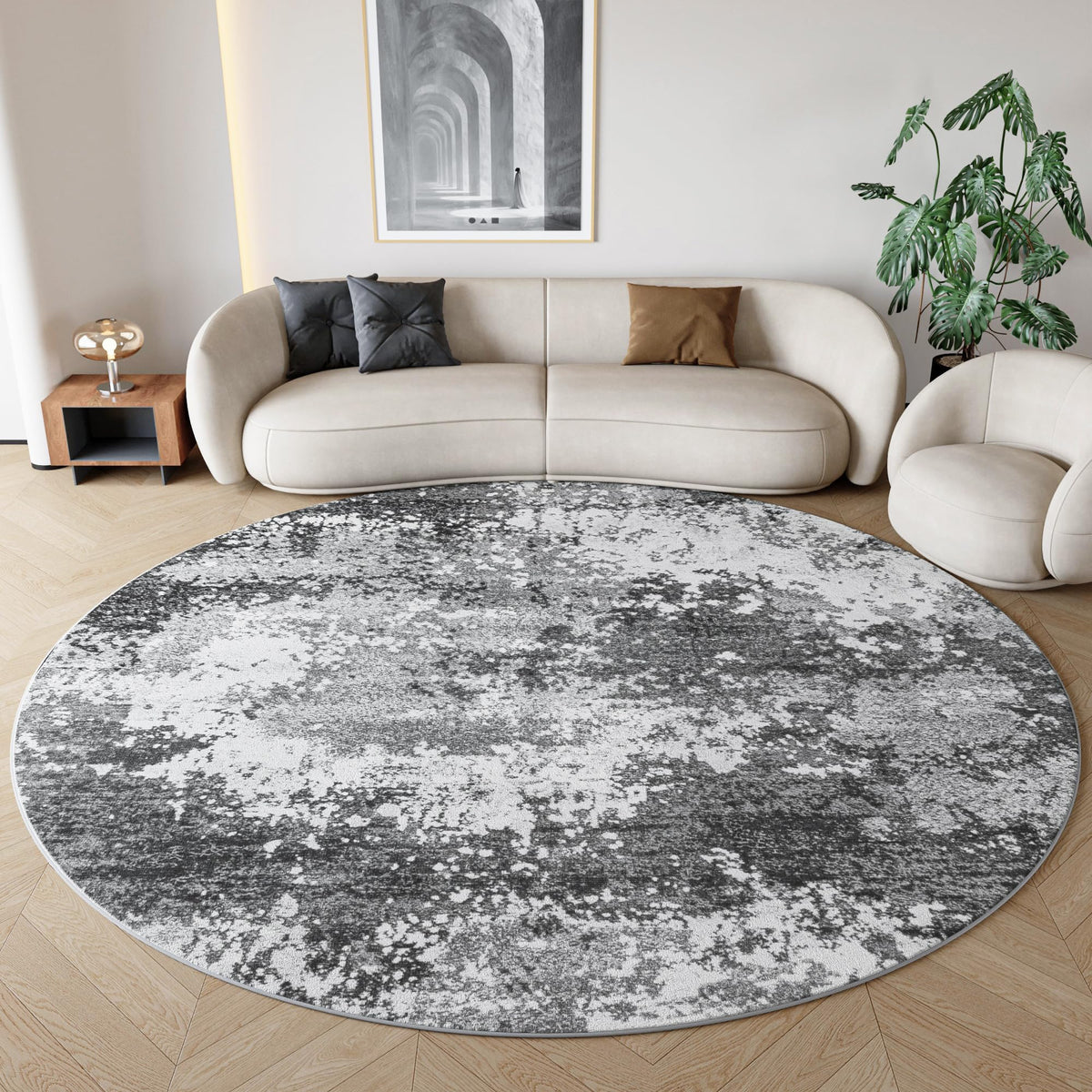Acapet round rug 6ft grey circle, washable for easy spills and messes.