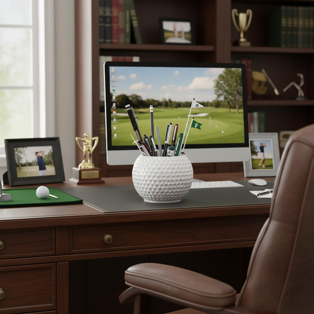 Accents & Occasions ceramic golf ball planter outdoors on patio enhances entryway.