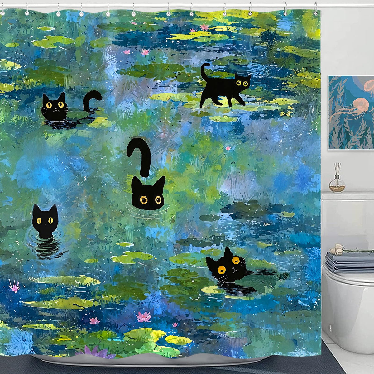 Accnicc cute cat shower curtain with pond scene adds serene art to your bathroom.