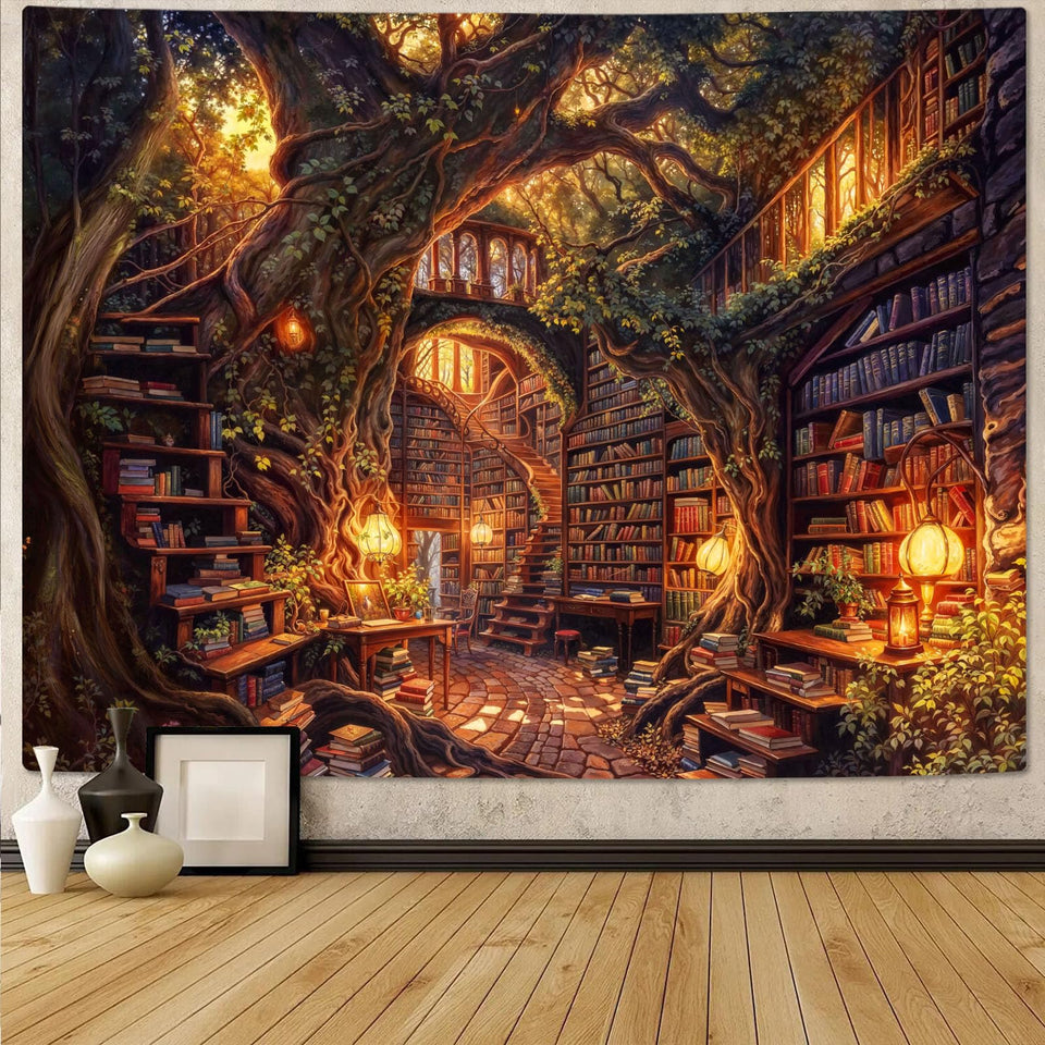 Accnicc Forest Library tapestry shows an enchanted treehouse library for cozy spaces.