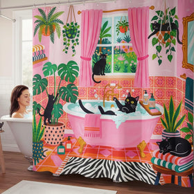 Accnicc cat shower curtain shows windowsill cats and plants for boho charm