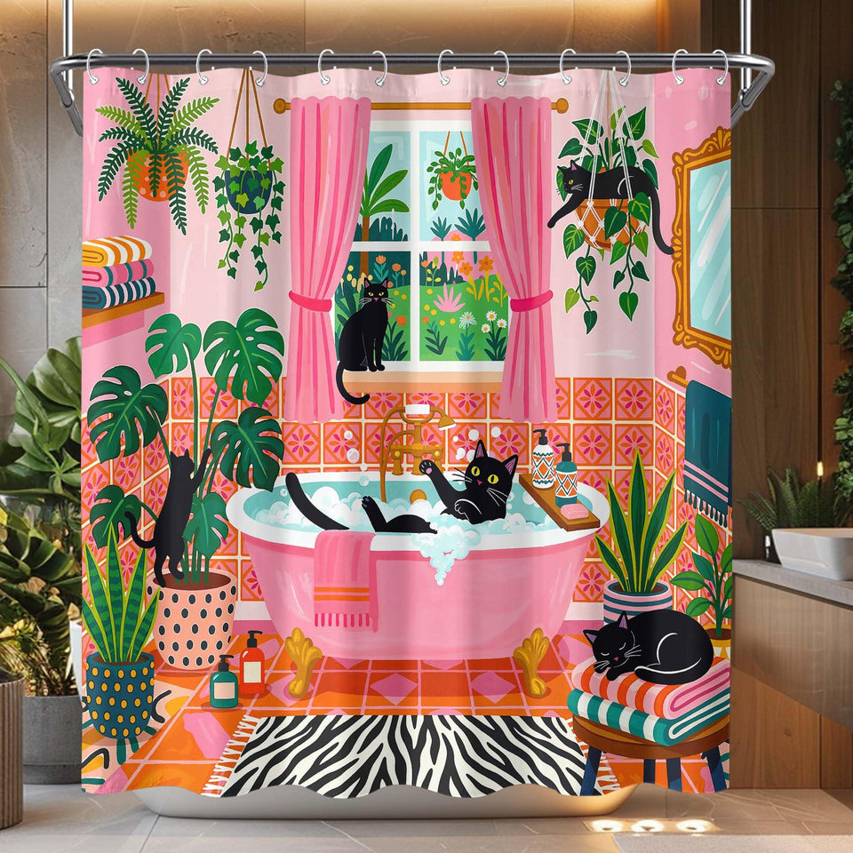 Accnicc funny cat shower curtain with pink cats in tub scene for lively bathroom decor
