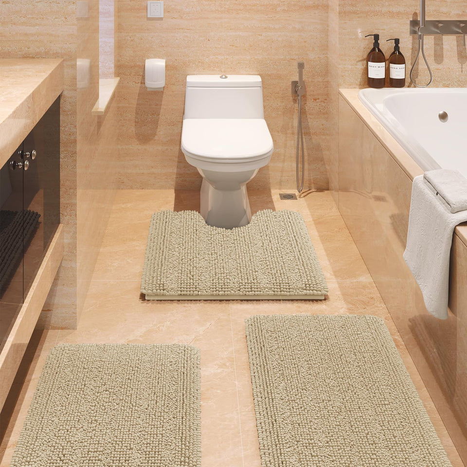 ACCUMTEK large striped beige bathroom rug with plush chenille for soft warmth.