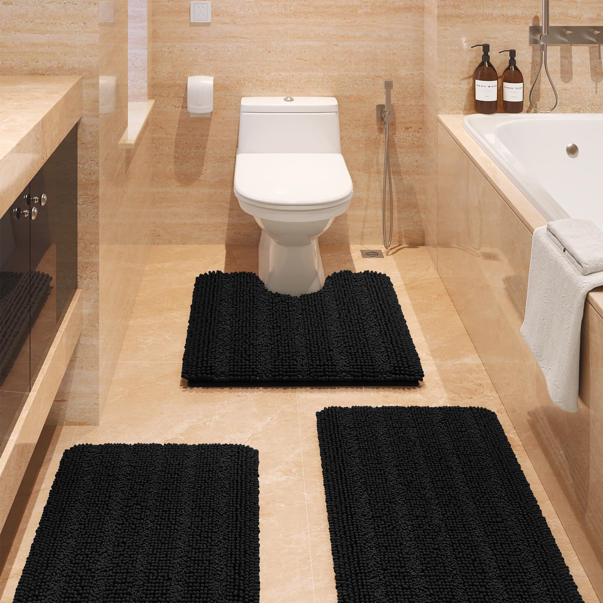 ACCUMTEK striped black bathroom rug set large 20x32 inches offers plush warmth underfoot.