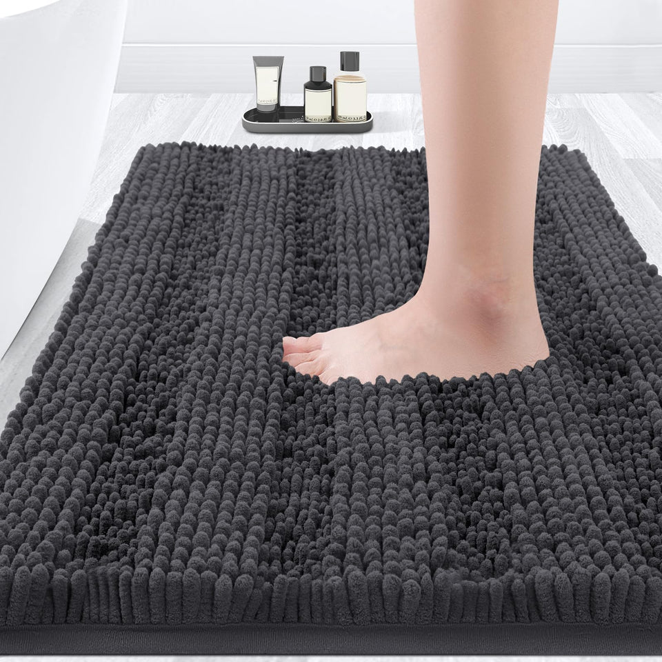 ACCUMTEK striped grey bathroom rug 32x20 inches delivers plush comfort after shower.
